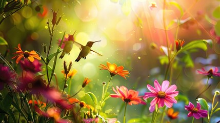 Photorealistic Summer Garden with Hummingbirds | Summer Background | Photorealistic