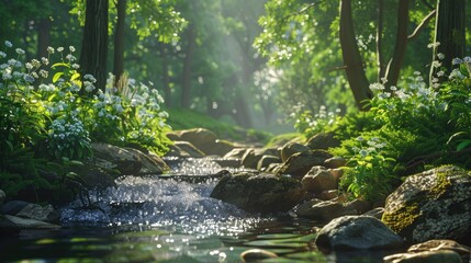 Fototapeta premium Photorealistic Summer Forest Creek | Summer Background | Photorealistic