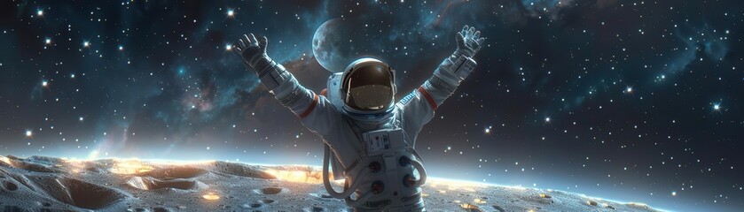 Naklejka premium Astronaut with arms raised towards the stars, moon's surface glowing under starlight, realistic spacesuit, high detail, digital painting, cosmic wonder