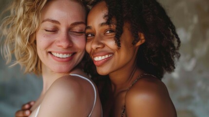 Two smiling women of different ages looking at each other holding hands close up. Young girl hugs mother from behind Warmth in relationships between parents and adult children