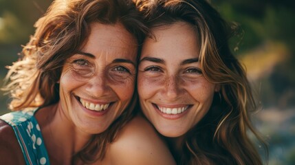 Two smiling women of different ages looking at each other holding hands close up. Young girl hugs mother from behind Warmth in relationships between parents and adult children