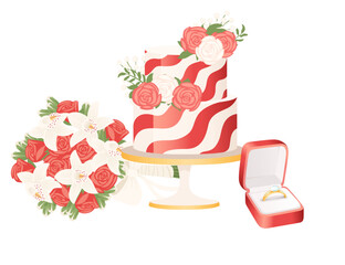 Wedding cake decorated with red flowers on gold stand and with golden rings in red box, beautiful flower bouquet vector illustration isolated on white background