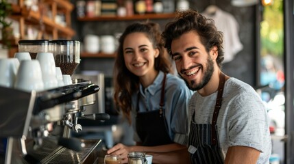 Two smiling young baristas at work A team of professional baristas make coffee using coffee machines in a coffee shop. Happy young men and women develop their own coffee businesses.
