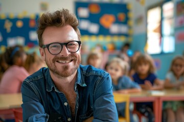 Fototapeta premium Happy teacher during a class at elementary school looking at camera
