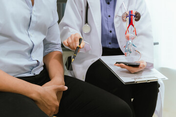 A patient consults a doctor for a prostate cancer exam at a hospital. Medical care includes...