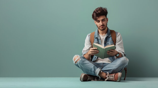 A thoughtful student reading a book, seated cross-legged on the floor, wearing casual comfortable clothes, isolated on a light green background, clear and detailed image, softly lit with minimal