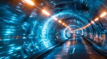 A mesmerizing light tunnel where bright blue lines curve and converge into a distant vanishing point The scene exudes a sense of speed and futuristic technology