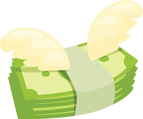 Stack of money flying away with angel wings representing wasted money and overspending