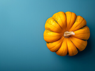 A large orange pumpkin sits on a blue background