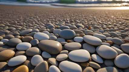 Obraz premium How can I be told that I had a good time playing on a beach made up of large and small soft pebbles? A close-up of the pebbles sparkling wet with water.