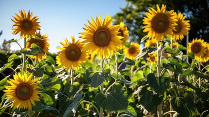 Fototapeta premium A garden filled with tall sunflowers, their bright yellow heads turned towards the sun, with a clear blue sky above.