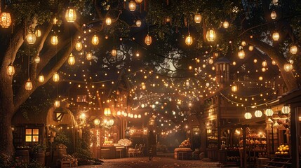 Obraz premium Photorealistic Summer Village Square at Night | Summer Background | Photorealistic