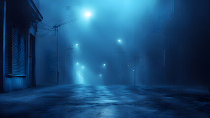 Naklejka premium A dark, wet street with a few street lights