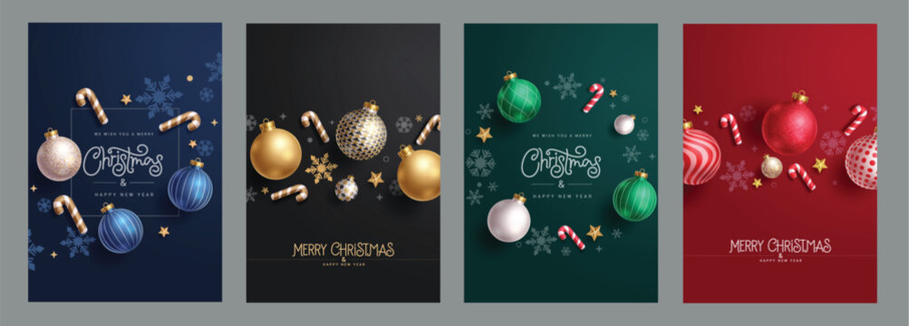 Merry christmas greeting card vector poster set. Christmas elegant invitation template with xmas balls, candy cane and snowflakes ornaments decoration. Vector illustration holiday season greeting 