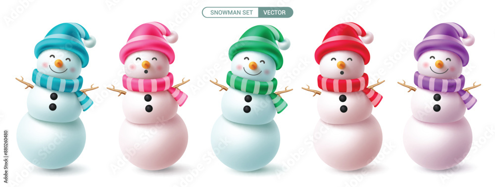 Poster christmas snowman characters vector set design. snow man character with colorful hat, scarf and twig