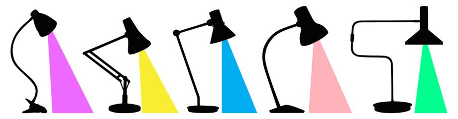 set silhouettes Desk lamp with shinny spotlight icon. study lamp symbol design vector illustration