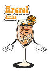 Aperol spritz retro cocktail in groovy style. Quirky character from the 60's in a modern style. Vintage design. Vector illustration
