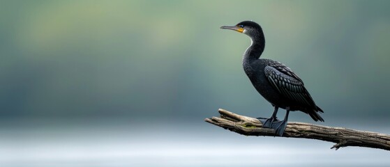 Obraz premium A detailed shot of a river bird resting on a branch near the water, copy space, natural lighting