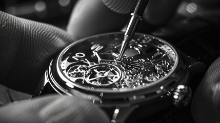 Man is working on watch, using small tool to make adjustments