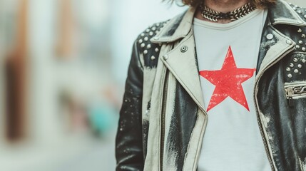 Close-up of a punk style jacket with red star t-shirt