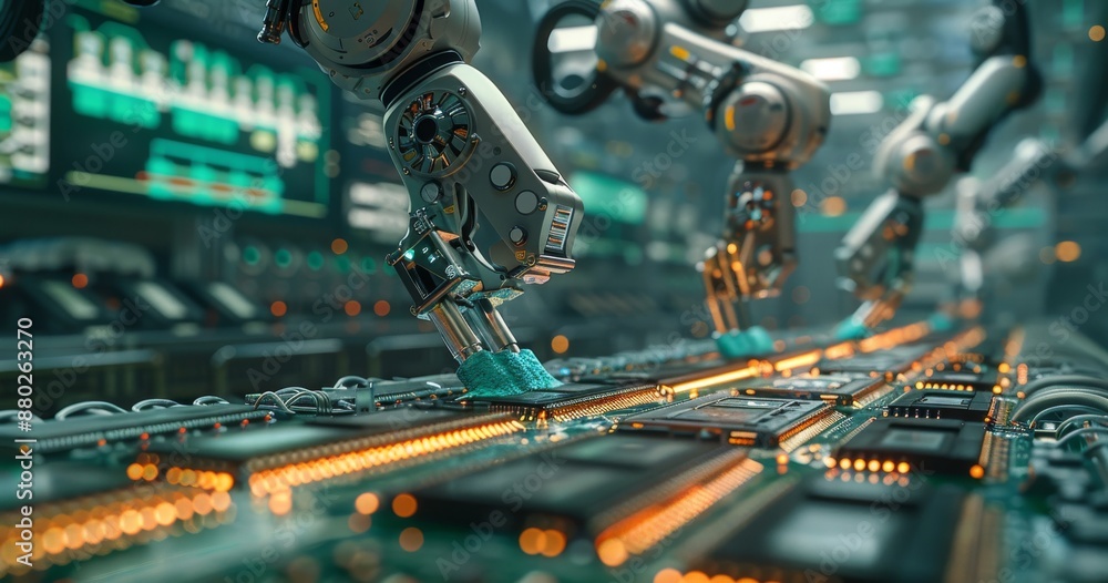 Poster advanced robotic arms assembling circuit boards in a high-tech automated factory