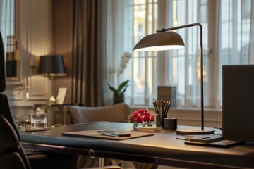 Modern Office Desk with Warm Lighting and Minimalist Decor