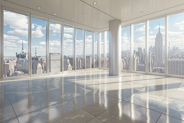 Modern office space with large windows overlooking a cityscape.