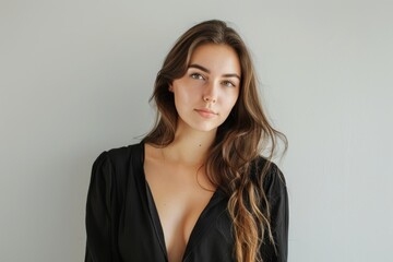 Obraz premium Pretty female in black outfit on white background