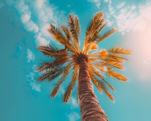 Low angle of palm tree against a blue sky, summer vibes