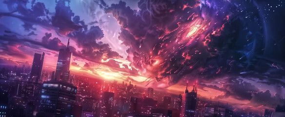 Fototapeta premium Anime background of glowing war of universe in future panorama a