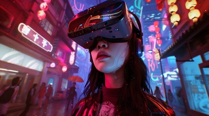 Obraz premium Beautiful girl wearing virtual reality glasses with futuristic neon lights in the background