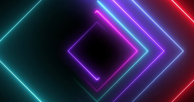 Neon disco light square shape luminous laser-like geometric bg 4K. Round-turning radio magician show nightlife club loop. Glitter glowing illuminated fantasy video. Cyber endless tunnel 3d stage clip.