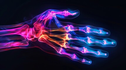 A glowing neon x-ray showing abstract hand anatomy against a black background. Highlighting the intricate details and futuristic beauty of the skeletal structure.