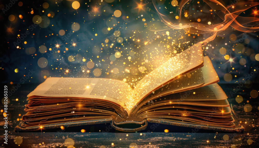 Poster an open book emitting golden powder from its pages, creating a magical and enchanting visual