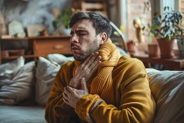 Fototapeta premium Sick man holding his chest in pain while coughing in the living room