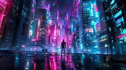 Obraz premium Silhouette of a man facing a cyberpunk cityscape bathed in neon lights