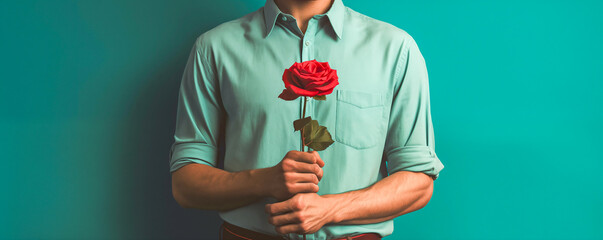 Banner with a man holding a red rose against a green wall