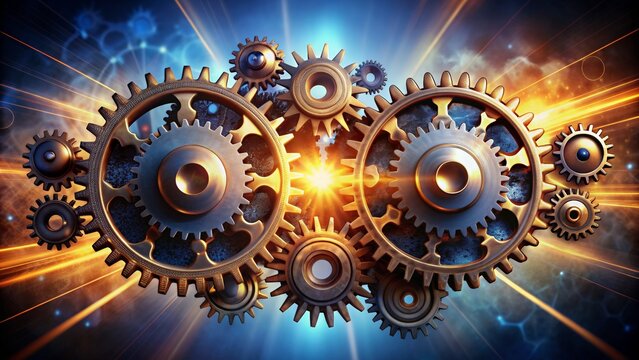 Archaic gears synchronizing, merging into harmony, forming a cohesive whole, symbolizing synergy through interconnected nodes, reflecting growth and efficient progress.