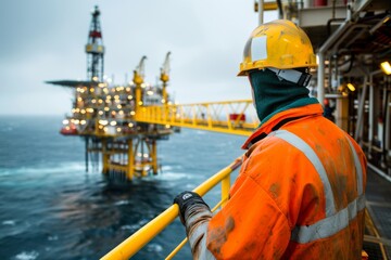 Oil Rig Worker Looking at Platform in Rough Seas