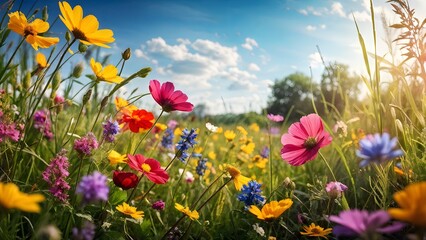Fototapeta premium Vibrant wildflowers under blue sky in sunny meadow representing summer bloom. Generative AI