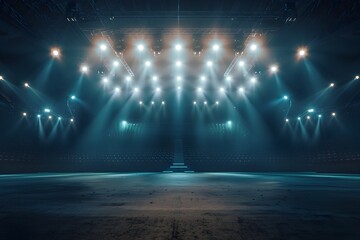 Illuminated Sports Arena or Concert Venue Stage with Spotlights in the Dark