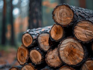 Fototapeta premium Closeup of charred wood logs stacked for firewood.