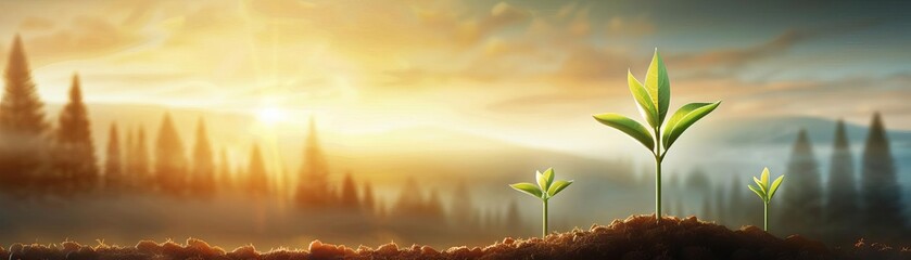 Young green seedlings growing in soil with a beautiful sunrise in the background, symbolizing new beginnings and growth in nature.
