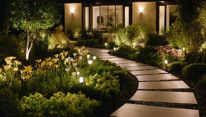 Obraz premium LED outdoor light posts in a stunning residential rockery garden, creating a mesmerizing ambiance. 