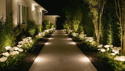 Obraz premium Garden with LED outdoor light posts, enhancing the beauty of your residential rockery garden. 