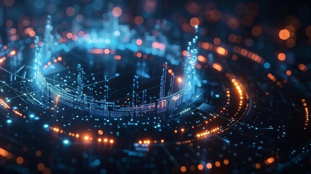 A dynamic 3D data chart in the shape of a glowing blue circle