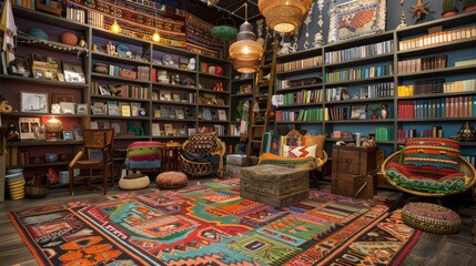 A home library with a bohemian vibe, featuring colorful rugs, eclectic furniture, and shelves filled with travel books and souvenirs.