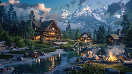 Obraz premium Photorealistic Summer Mountain Lodge Getaway | Billboard mockup | Landscape mockup