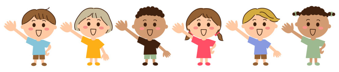 右手を上げる6人の多国籍の子供たち