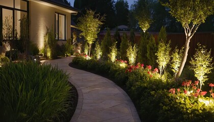 Fototapeta premium Nighttime Garden Glow LED Light Posts Illuminate Modern Backyard